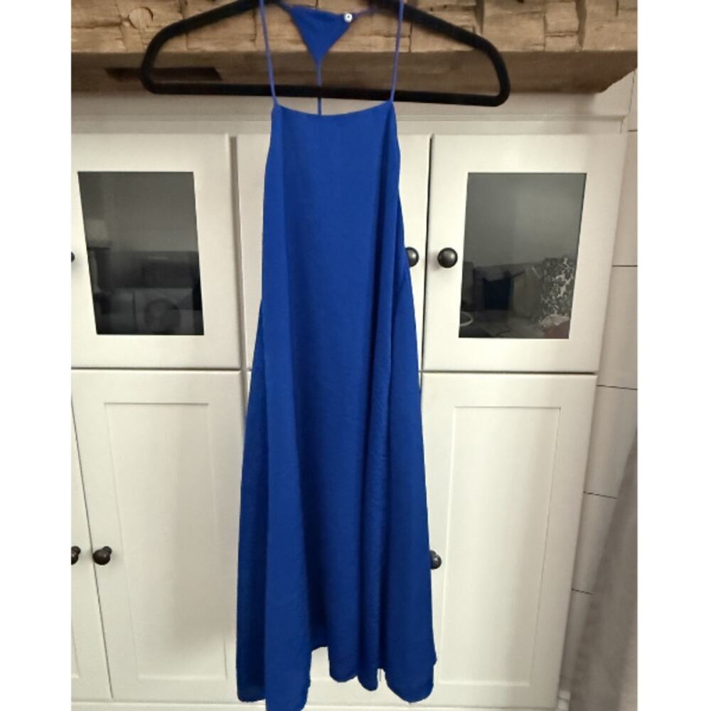 Aakaa Royal Blue Satin Feeling Halter Swing Dress Racerback Strappy Size Small